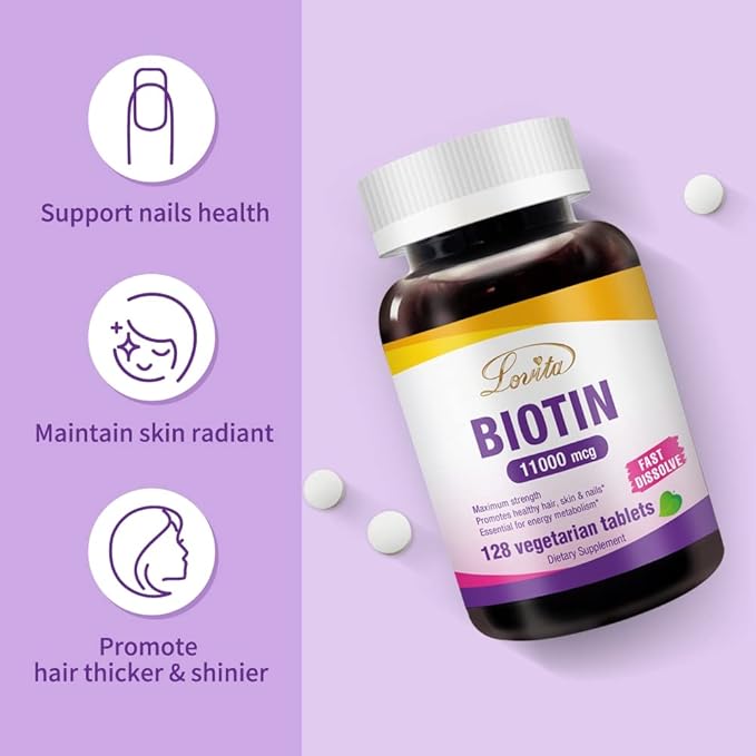 Lovita Maximum Strength 11,000mcg Biotin: Fast-Dissolving, Vegetarian Tablets - Easily Absorbed, Gluten & Dairy-Free, 128 Vegan-Friendly Tablets (Pack of 3)