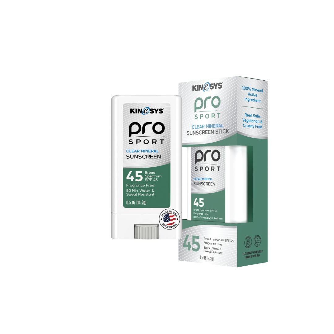 KINeSYS Pro Sport Clear Mineral Sunscreen Stick SPF 45 | SPF Stick Sunblock for Adults & Kids | Broad Spectrum Sun Protection | Water Resistant Travel Size Sunscreen for Face, Body & Vacation | 0.5 Oz