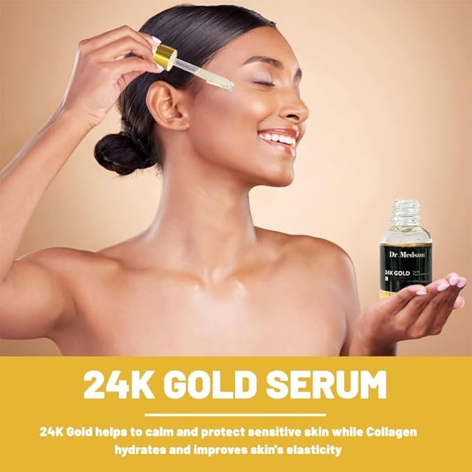 Dr.Medsam 24K Gold Serum, 99.9% Pure Gold Anti Aging Moisturizer with Hyaluronic Acid Niacinamide Deep Hydration and Firming Skin Care Glow Serum 30ML/1.01 Oz