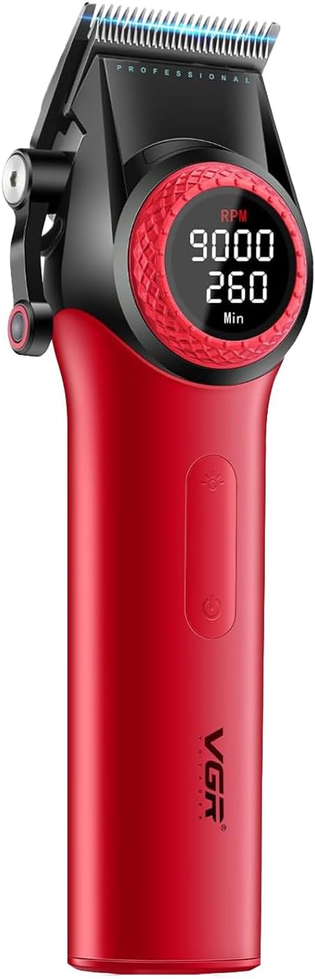 VGR 001 Professional Hair Clippers for Men, Cordless Barber Clippers for Hair Cutting, Carbon Steel Blade Hair Trimmers for Barbers, 9000RPM, LED Display, Red