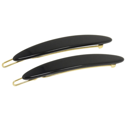 French Amie Narrow Oblong Small 2 1/4" Celluloid Acetate Set of 2 Side Slide In Hair Clip Barrettes with Tige Boule Clasp for Girls and Women, Made in France (Solid Black)