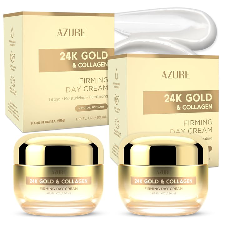 Azure Cosmetics 24K Gold & Collagen Face Moisturizer - Dermatologist Tested, Anti-Aging Face Cream - Skin Tightening, Fine Lines and Wrinkles Treatment - Korean Skin Care - All Skin Type - 2 Pack