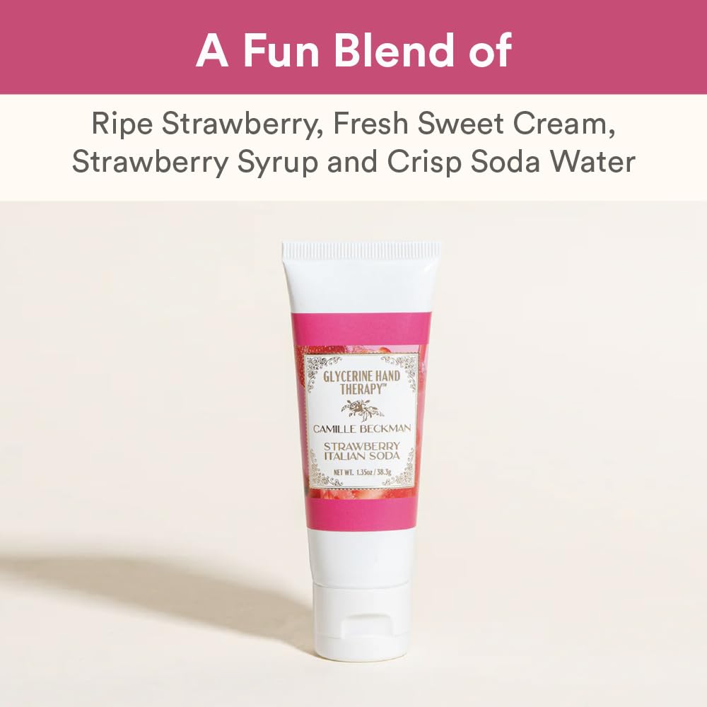 Camille Beckman Glycerine Hand Therapy Cream, Strawberry Italian Soda, Ultra Moisturizing Hand Cream for Dry, Cracked Hands, Non-Greasy, Paraben-Free, Made in USA,1.35 Ounce