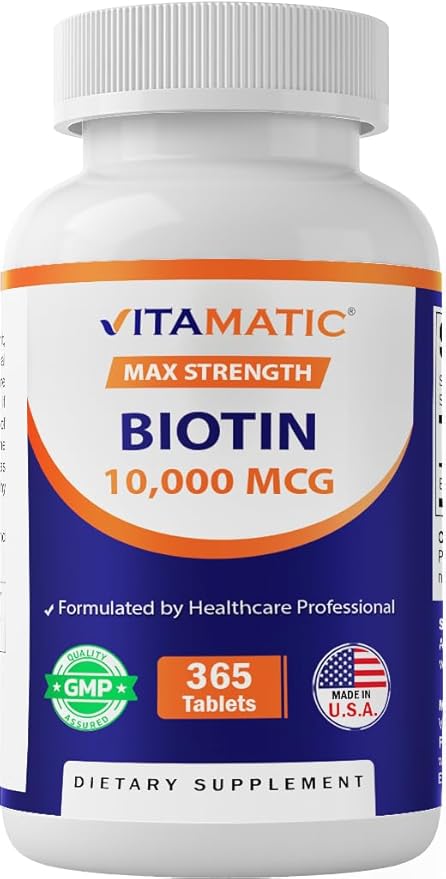 Vitamatic Biotin 10,000 mcg (10 mg) for Stronger Hair, Skin & Nails - 365 Vegan Tablets- Also Called Vitamin B7