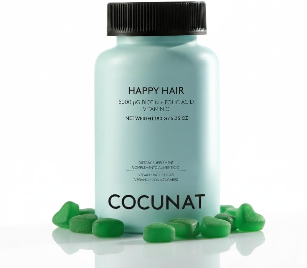 COCUNAT Happy Hair Growth Gummies for Women - Biotin 5,000 mcg Hair Vitamins - Helps Reduce Shedding & Thinning - Vegan Hair Skin & Nails Supplement with Folic Acid, Zinc, Vitamins A–E - 60 Gummies