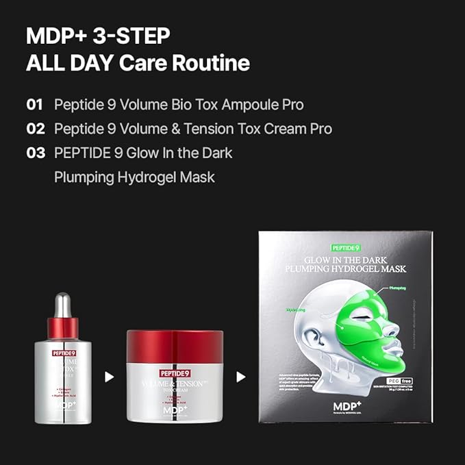 MDP+ PEPTIDE 9 Glow In the Dark Plumping Hydrogel Mask, Hydrating, 1.26 oz/36 g×5ea, Collagen for elasticity, Pore Minimizing, Plumping Wrinkles
