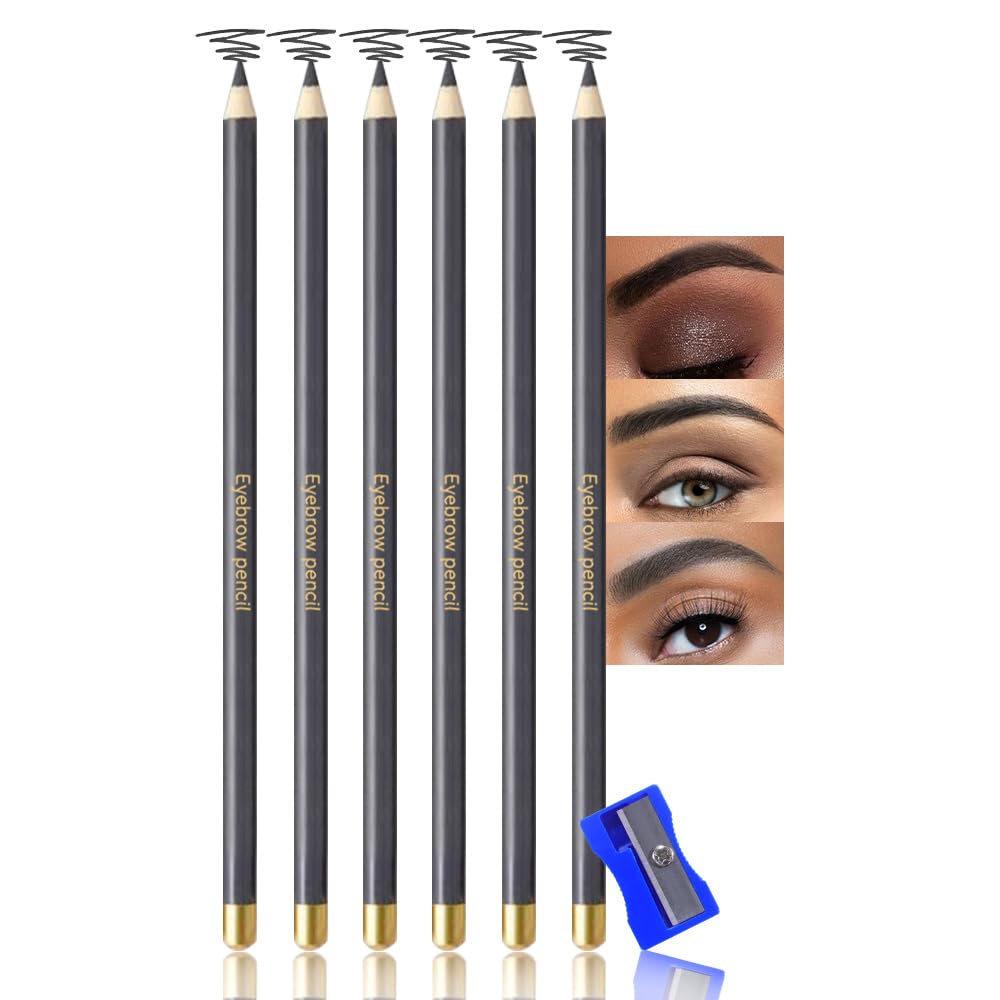 6Pcs Long Eyebrow Pencils Set - Gray Natural Look, for Eyebrows & Eyeliner, Waterproof & Sweat-Proof Wooden Hard-Core Brow Pencil with Sharpener, Long Lasting Makeup Kit for Beginners 101#