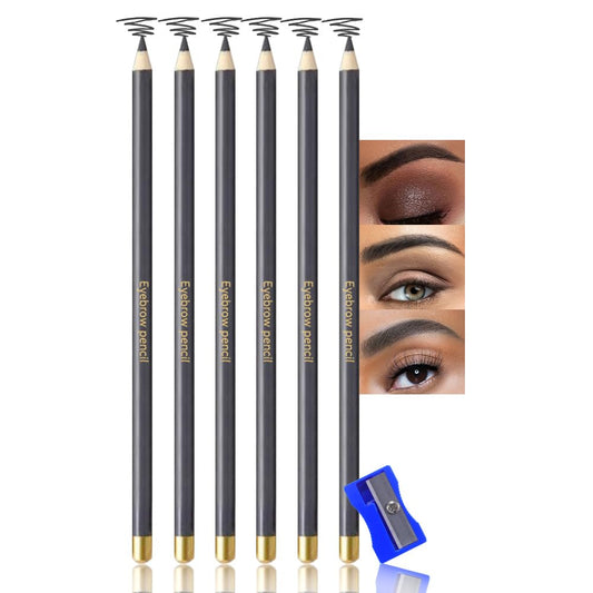 6Pcs Long Eyebrow Pencils Set - Gray Natural Look, for Eyebrows & Eyeliner, Waterproof & Sweat-Proof Wooden Hard-Core Brow Pencil with Sharpener, Long Lasting Makeup Kit for Beginners 101#