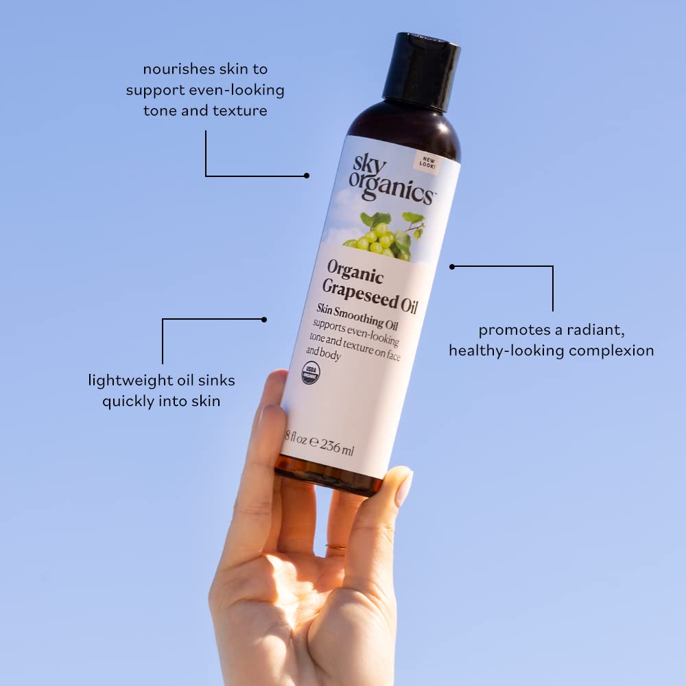 Sky Organics Organic Grapeseed Oil, Skin Smoothing Oil to Support Healthy and Even-Looking Skin Tone and Texture on Face and Body, for All Skin Types, 100% Pure & Cold-Pressed, 8 fl. Oz