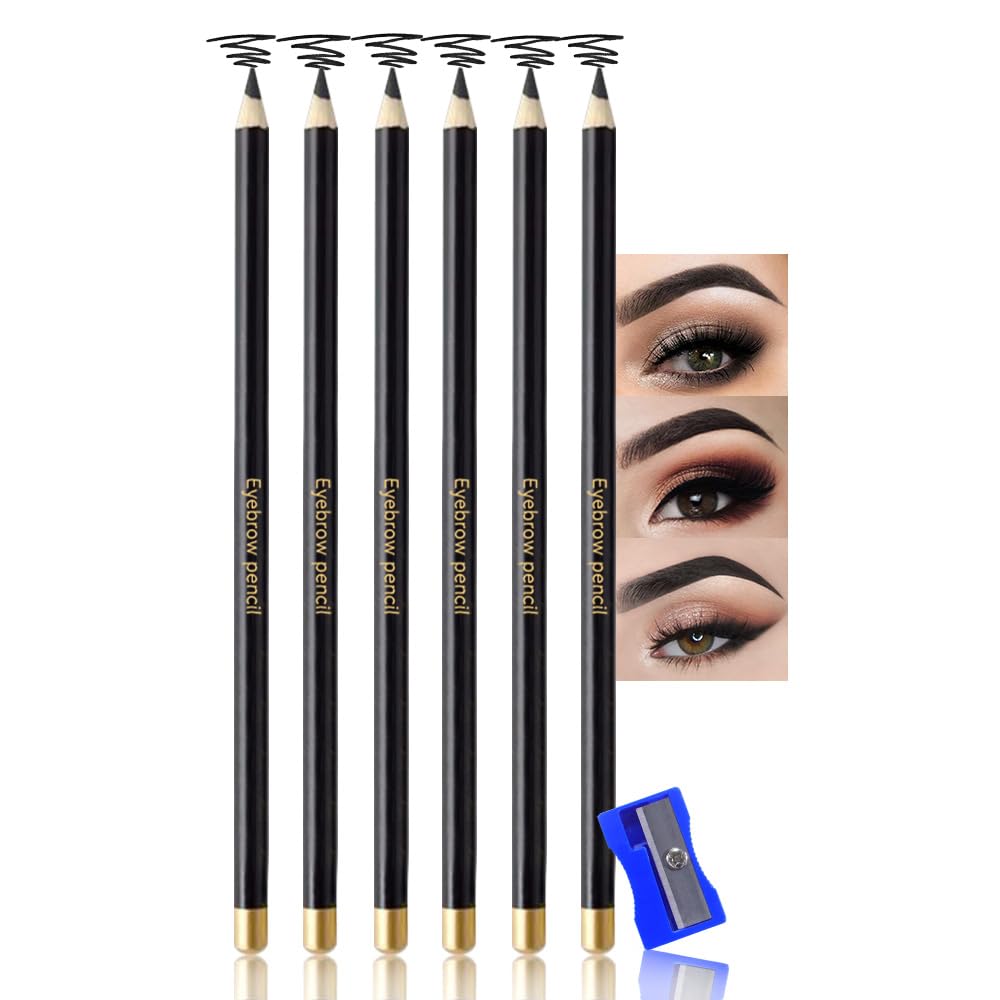 6Pcs Long Eyebrow Pencils Set - Black Natural Look, for Eyebrows & Eyeliner, Waterproof & Sweat-Proof Wooden Hard-Core Brow Pencil with Sharpener, Long Lasting Makeup Kit for Beginners 100#