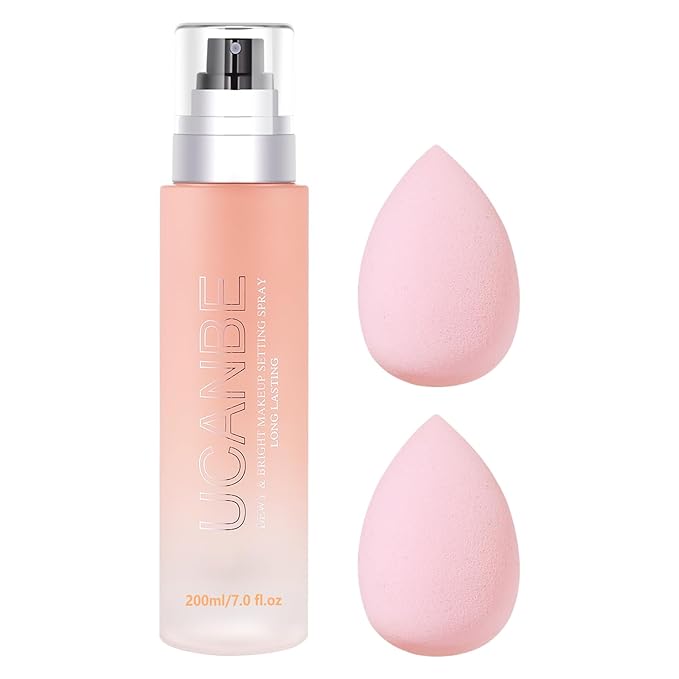 Dewy Makeup Setting Spray Kit-7 Fl oz Hydrating Illuminating Finishing Spray Lightweight Face Mist All Day Long Make up Fixer +2PCS Sponge Puff, Hydrate Skin for a Bright Look