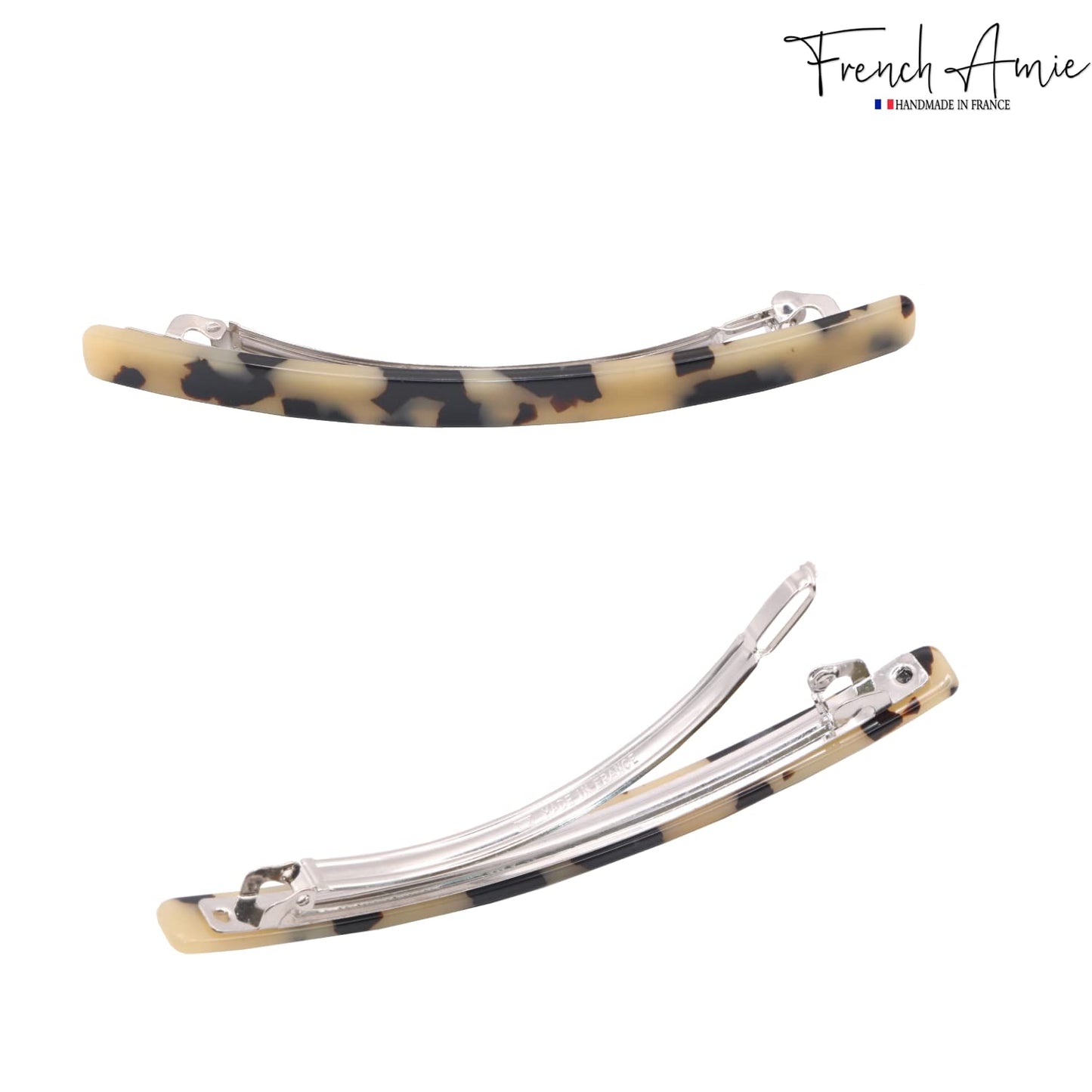 French Amie Long and Thin White Tokyo Large 4” Handmade Celluloid Automatic Hair Clip Barrette for Women and Girls (White Tokyo)