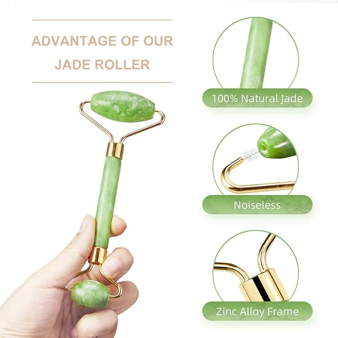 3-in-1 Natural Jade Roller and Gua Sha Set for Face and Eye Ice Roller Facial Cooling Massage Roller (Green Ice Roller + Jade Roller + Gua Sha)