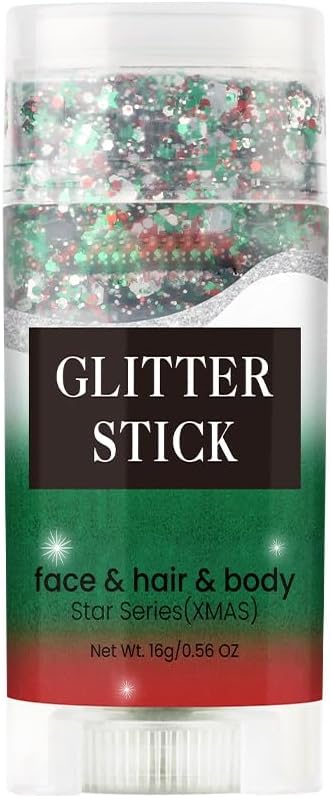 Christmas Body and Face Glitter Stick, Holographic Sparkling Neon Outfit Singer Concert Music Rave Festival Accessories Hair Glitter Gel Makeup. (Red &Green & White)