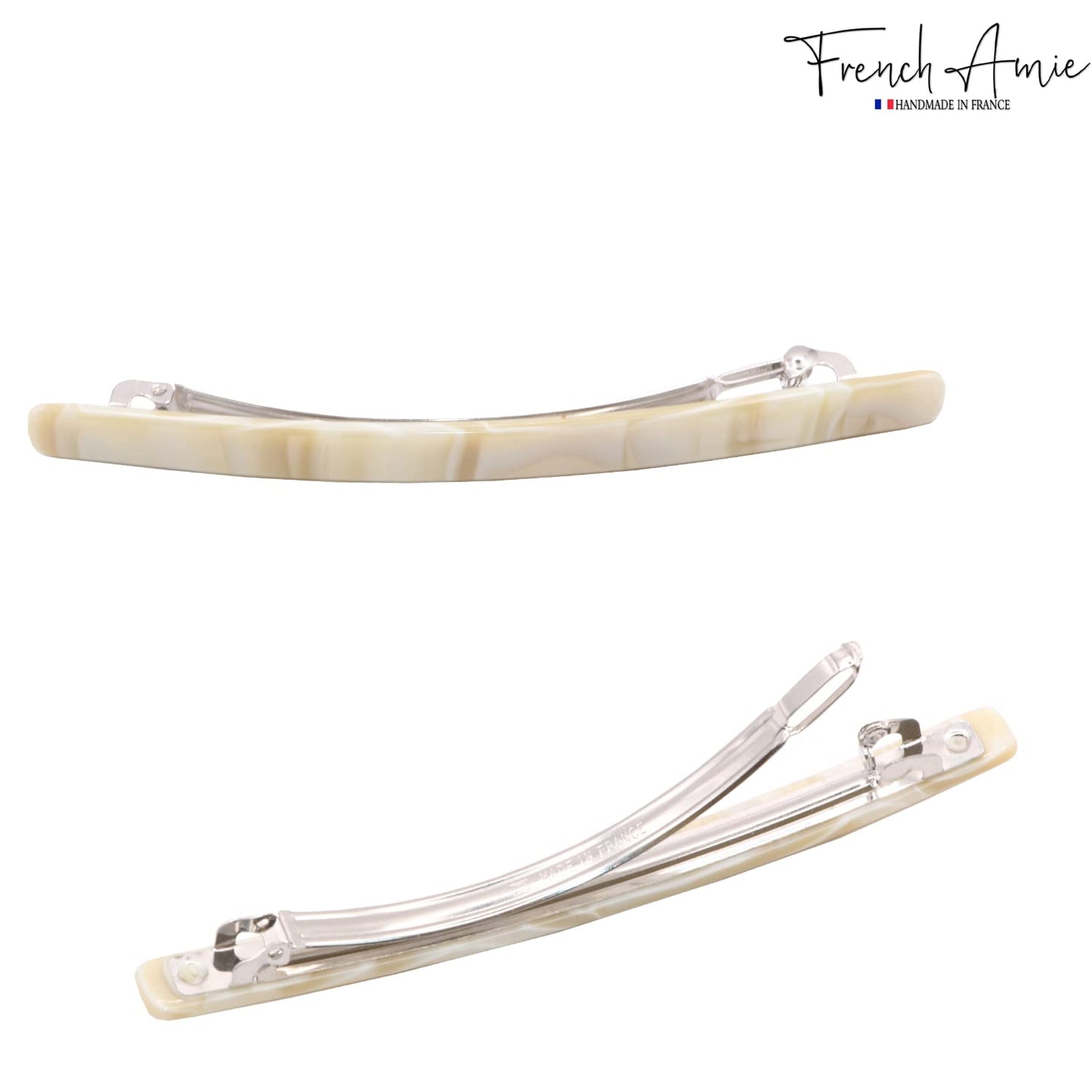 French Amie Long and Thin Large 4" Handmade Celluloid Hair Barrette Clip for Girls Automatic Strong Hold Hair Clips for Women No Slip Durable Paris Hair Accessories, Made in France (Cream Nougat)