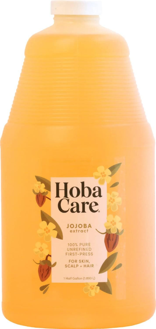 HobaCare Natural Jojoba Oil Bulk - 100% Pure Unrefined Carrier Oil for Skincare, Hair, Face, Beard, Scalp Massage, Bath - Hexane-Free, Long Shelf Life (64 oz Half Gallon)