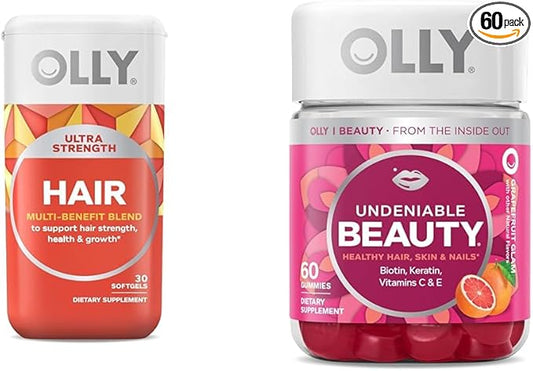 OLLY Ultra Strength Hair Softgels, Supports Hair Health, Biotin, Keratin & Undeniable Beauty Gummy, for Hair, Skin, Nails, Biotin, Vitamin C