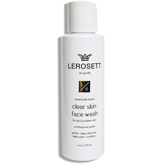 LEROSETT® Clear Skin Face Wash – Gentle Gel Cleanser with 60% Aloe-Rich Botanicals, 4% Glycolic Acid & Vit-E Microbeads – Fights Breakouts, Unclogs Pores, Balances Oil – Spa-Grade, Vegan – 4oz