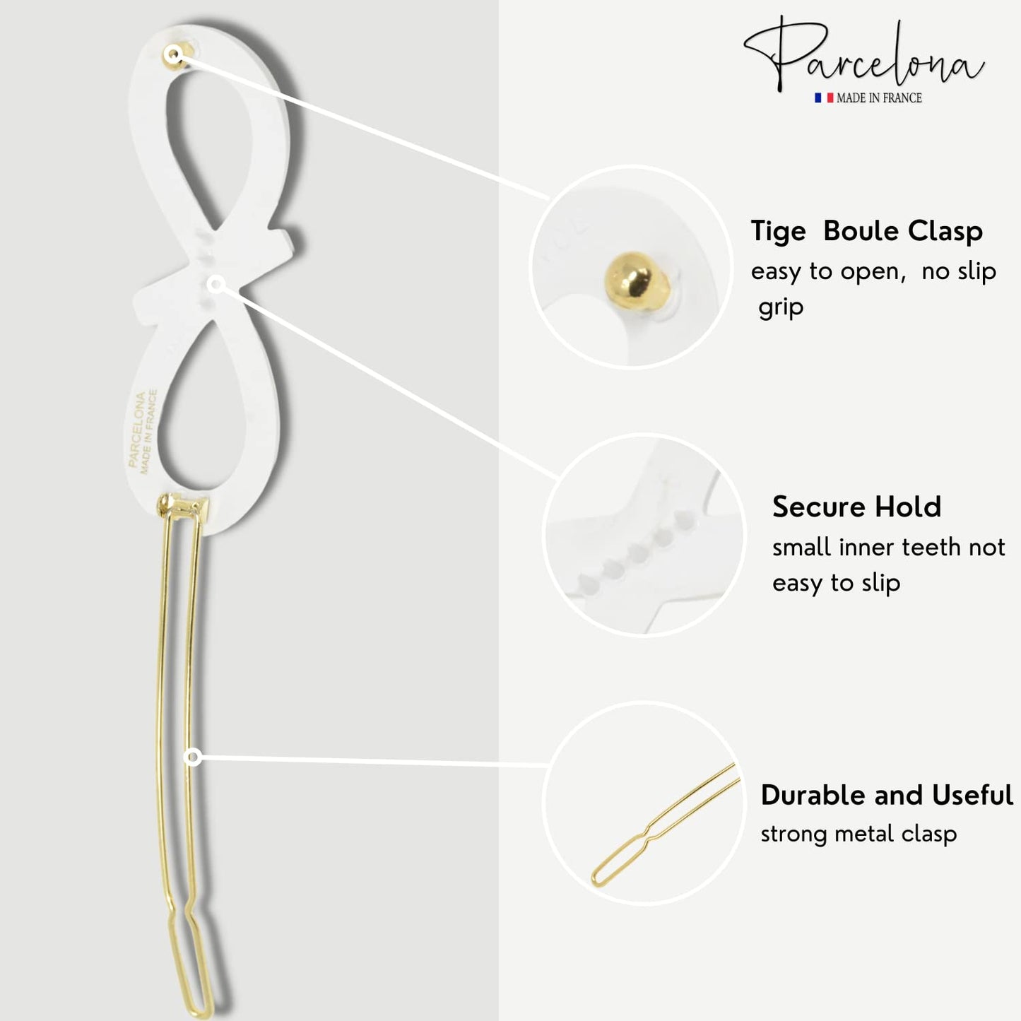 Parcelona French Ribbon Knot Infinity 2 1/4" Small Celluloid Acetate Hair Clips with Tige Boule Clasp Set of 2 Fashion Durable Styling No Slip Grip Women Hair Accessories Girls Side Slide-in Barrette Clip ,Made in France (Solid White)