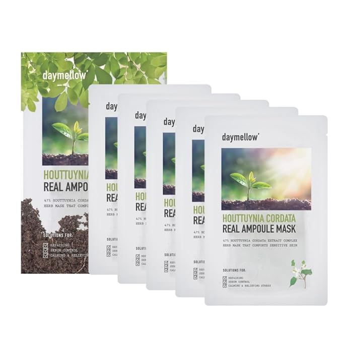 Daymellow Sheet Mask 5PACK, Houttuynia Cordata Real Ampoule Masks, Face Sheet Mask, Heartleaf, Panthenol, Tea Tree, Hydrating, Acne, Soothes, Redness, Deep Moisturizing, Korean Skincare