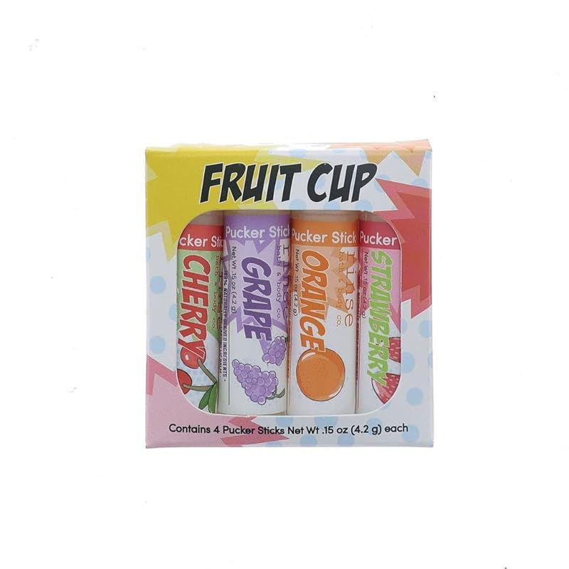 Rinse Bath & Body Fruit Cup Lip Balm Set - Handmade Natural Flavored Lip Balm | Cherry, Grape, Orange & Strawberry | Moisturizing, Soothing & Protecting | Squalane Oil | Gluten Free | 4 pack