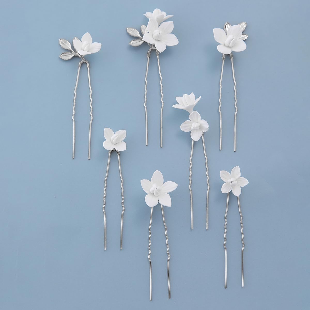 Handmade Bridal Wedding Hair Pins 7 Pcs Polymer Clay White Flower Hair Clips Silver Wedding Hair Accessories for Women Bride Bridesmaid
