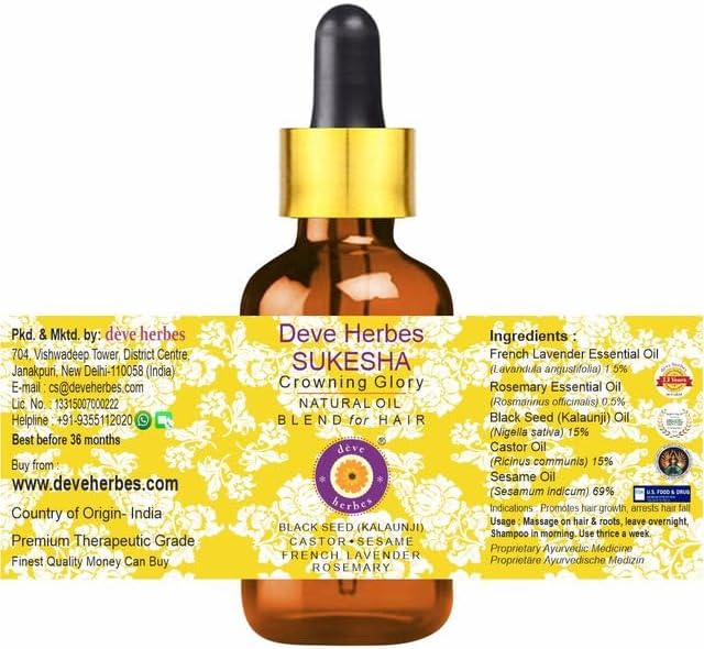 dève herbes Sukesha - for Healthy, Strong and Thick Hair. Rosemary, French Lavender Essential Oils in Sesame, Castor & Black Seed (Kalaunji) Oil 100ml (3.38 oz)