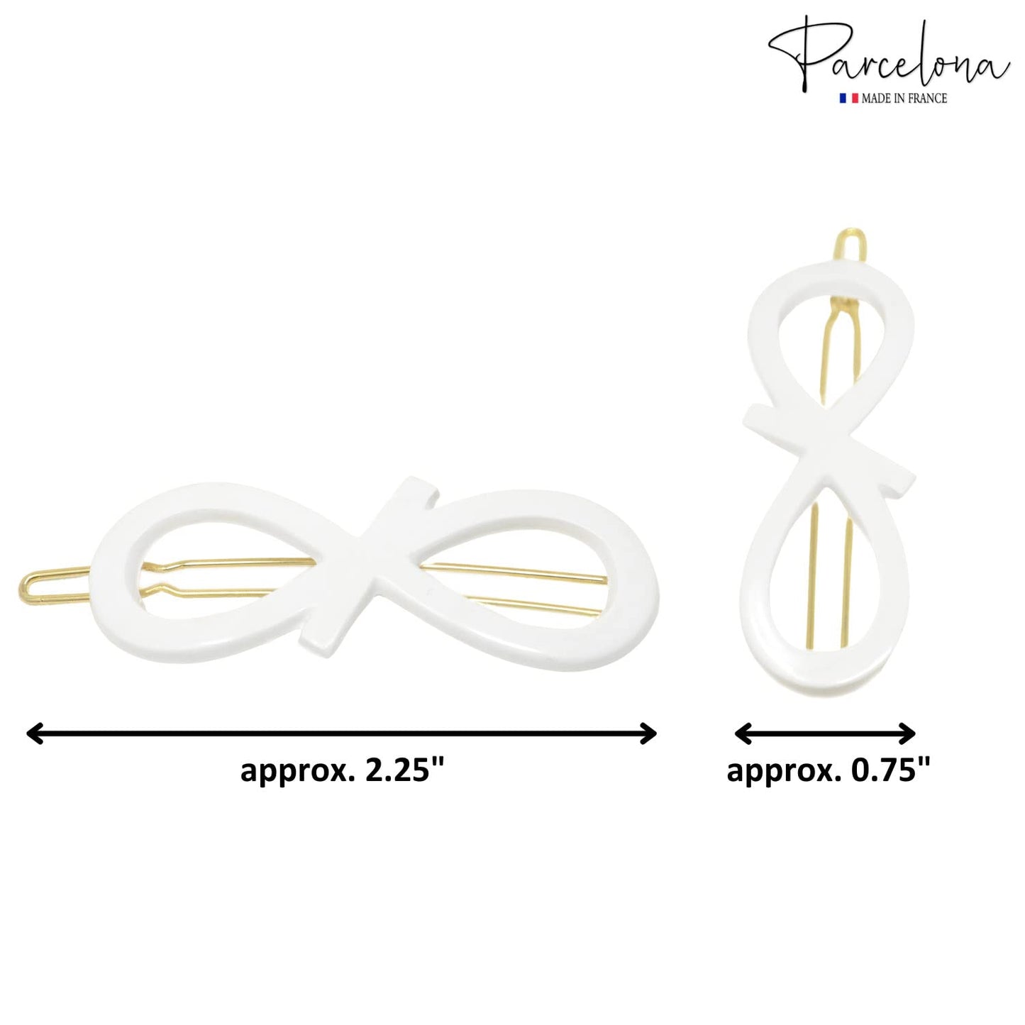 Parcelona French Ribbon Knot Infinity 2 1/4" Small Celluloid Acetate Hair Clips with Tige Boule Clasp Set of 2 Fashion Durable Styling No Slip Grip Women Hair Accessories Girls Side Slide-in Barrette Clip ,Made in France (Solid White)