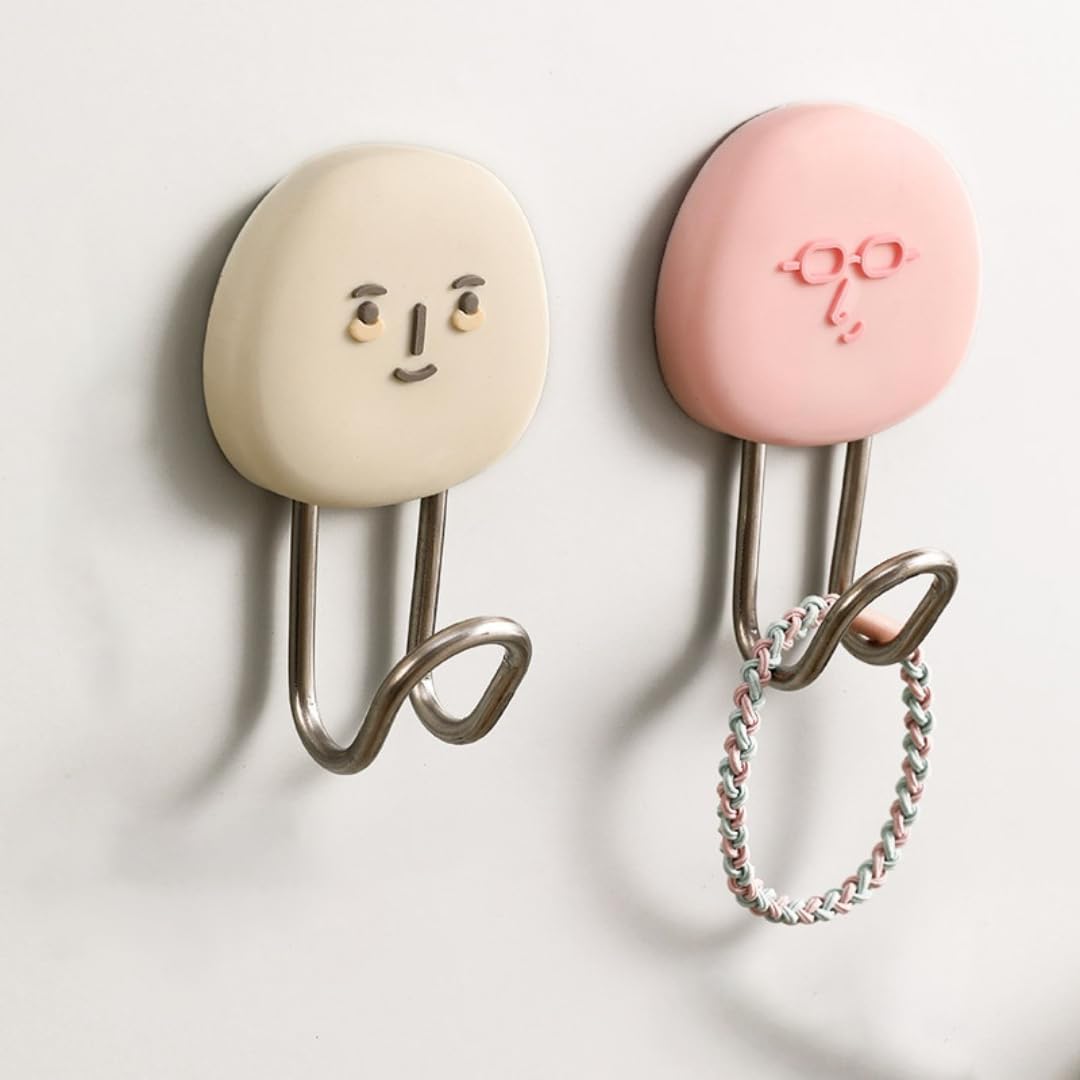 Smiley Face Adhesive Wall Hooks - 11lb/5kg Heavy Duty Hold, No Drill Damage Free Removable Hooks for Kitchen, Bathroom, Dorm - 2 Pack (Cream & Blush)