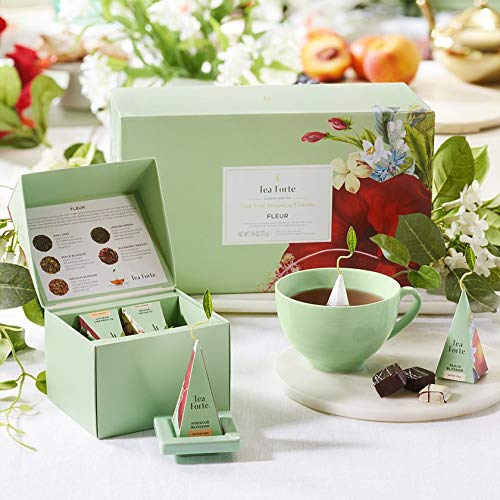 Tea Forte Fleur 3-Piece Mother's Day Tea Gift Set with Pale Mint Green Cafe Cup with Lid, Tea Tray and 10 Assorted 2 of Each Variety Organic Handcrafted Pyramid Infuser Tea Bags