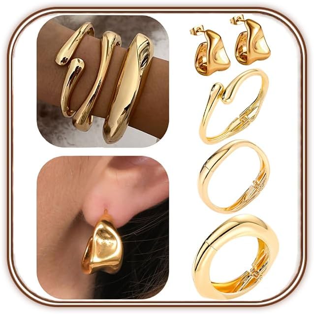 Chunky Gold Bangles Bracelets Earrings Set For Women, Statement Coordination of Twisted Hinged Stackable Bangle Bracelet and Chunky Earrings, Ideal Jewelry Gifts 18K Gold Plated