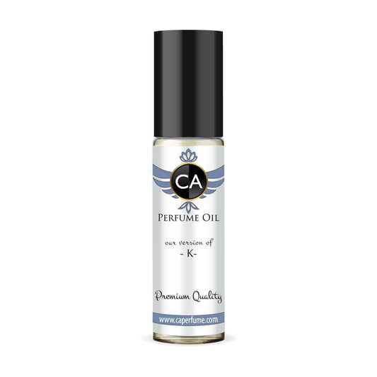 CA Perfume Impression of K for Men Eau De Parfum Woody Aromatic Scent Long Lasting Cologne for Men Travel Size TSA Ready for Day and Night Wear 0.33 Fl Oz 10ml