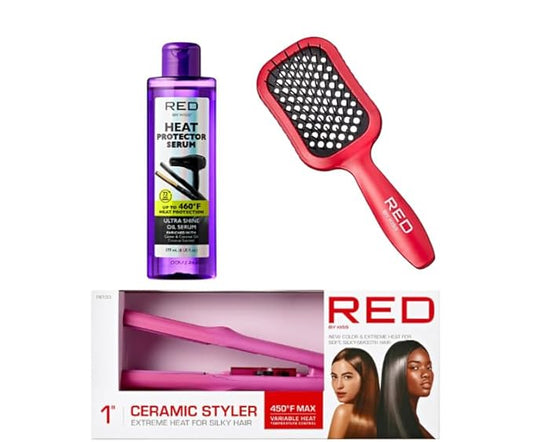 Red by Kiss 1" Ceramic Styler Flat Iron, Heat Protector & Styling Serum, and Heat-Resistant Detangling Hair Brush