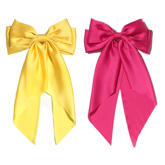 Satin Bow Hair Clips for Women,Big Bow Hair Slides Metal Clips Long Ribbon Hairpin Girls Barrettes Party Half-Updo Ponytail Accessories (Hot Pink/Yellow)