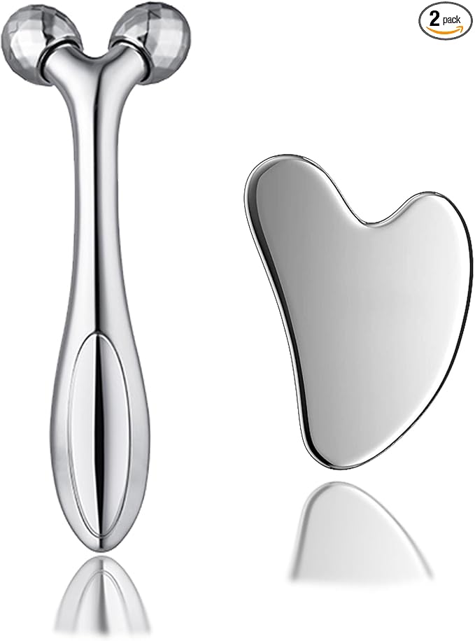 Face Massager, Metal Zinc Alloy Face Roller Massage Tool Stainless Steel Large Heart Gua Sha Scraping Board Facial Skin Tools Set for Women Face Neck Eye Body Skin Care