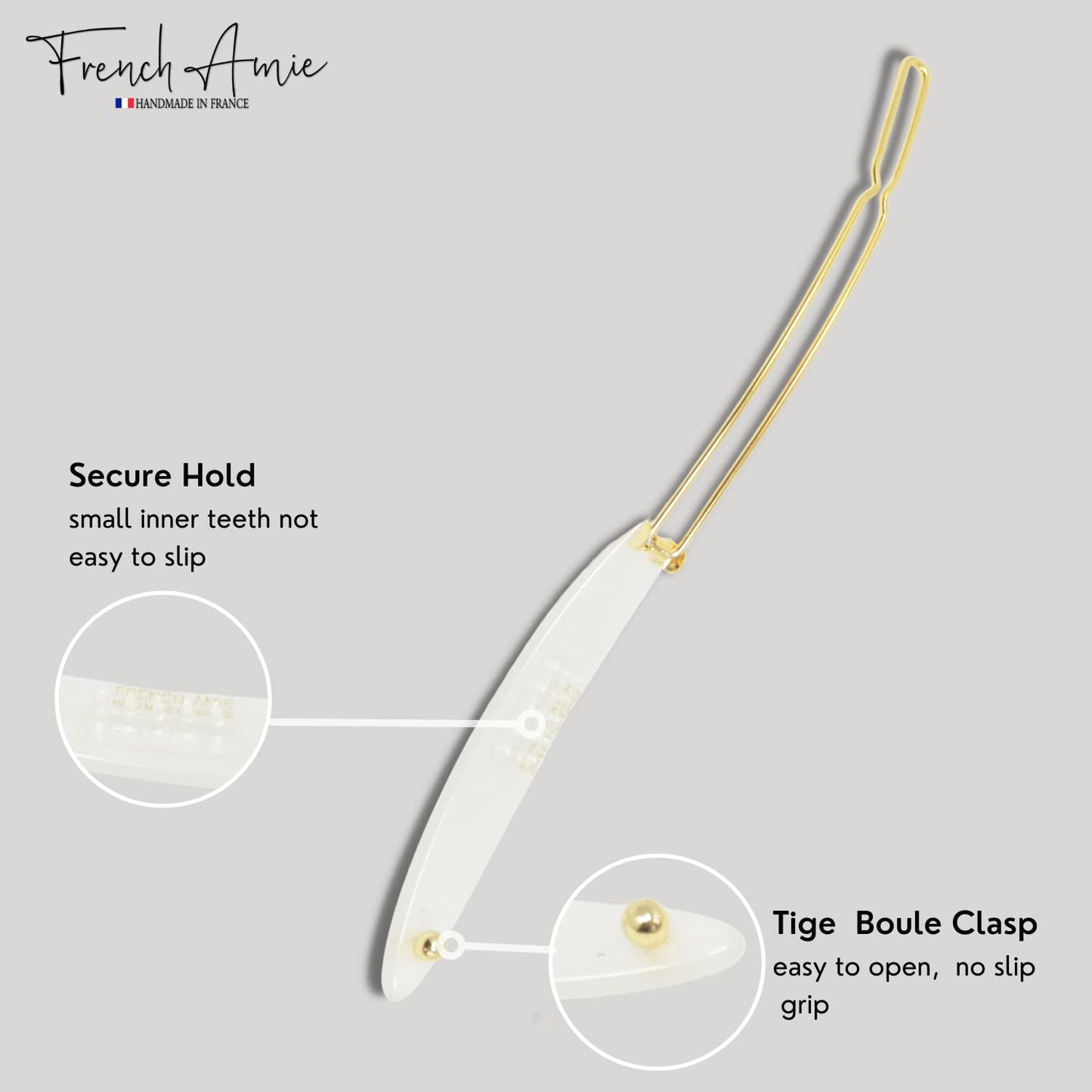 French Amie Narrow Oblong Small 2 1/4" Celluloid Acetate Set of 2 Side Slide In Hair Clip Barrettes with Tige Boule Clasp for Girls and Women, Made in France (Natural White)