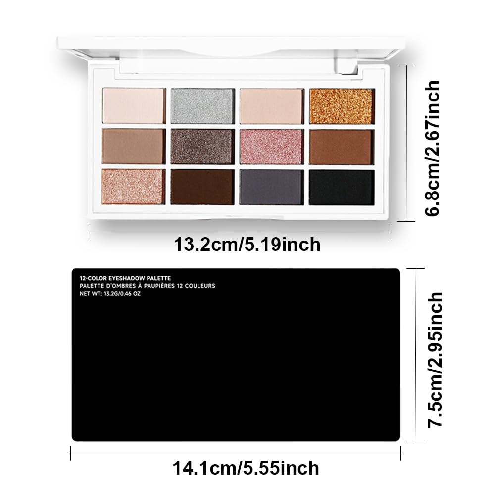 12 Colors Matte Shimmer Pressed Eye Shadow Palette - Beige Light Nude Brown Cocoa Taupe Black Smoky, Silver Bronze Gold Rose Champagne, Vegan Cruelty-Free, for Women Pro Makeup Looks