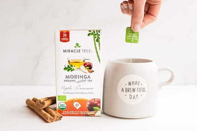 Miracle Tree - Organic Moringa Superfood Tea, 25 Individually Sealed Tea Bags, Apple & Cinnamon (Keto, Detox, Energy/Immunity Booster, Vegan, Gluten-Free, Organic, Non-GMO, Caffeine-Free)