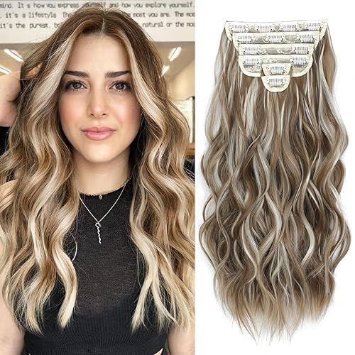 Hair Extensions Clip ins, 6 PCS Wavy Extensions, Brown with Blonde Highlights Thick Hairpieces, Blends Well Hair Extensions (24Inch, 6PCS, Brown with Blonde Highlights)