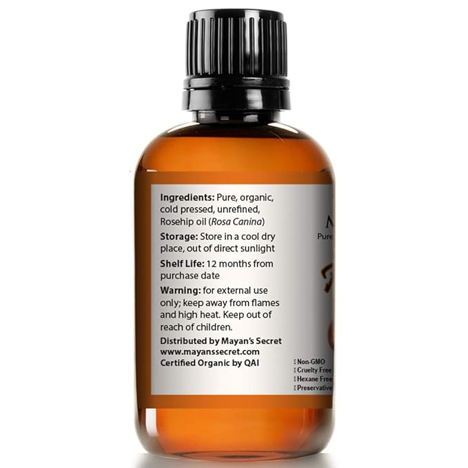Mayan's Secret Rosehip Seed Oil USDA Certified Organic, Cold Pressed, Unrefined. Reduce Acne Scars. Essential Oil for Face, Nails, Hair, Skin. Therapeutic AAA+ Grade