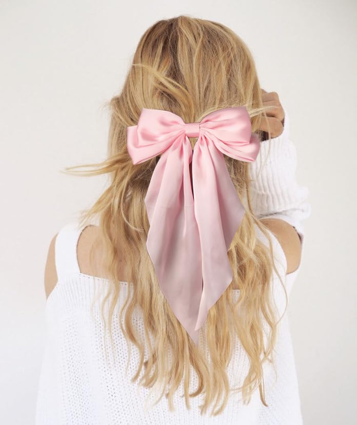 Furling Pompoms Hair Bows, 3pcs Satin Bow Hair Clips for Women in Beige/Lilac/Pink with Metal Clip, Long Tail Hair Accessories