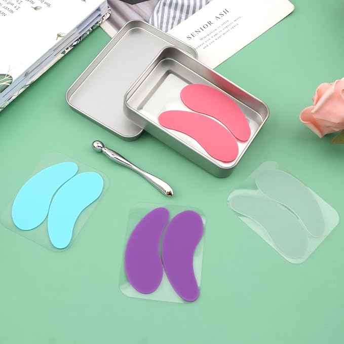 Bibabala Under Eye Patches Silicone Patch Set With Case Cream Applicator Reusable Silicone(Transparent Pink Blue Purple)