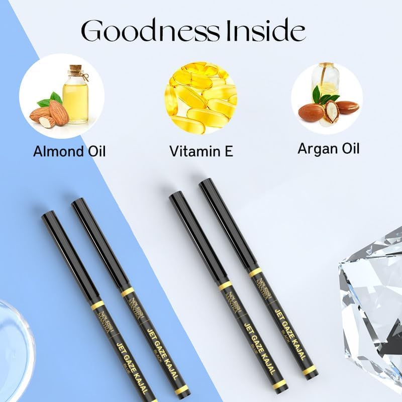 NOURISH MANTRA Jet Gaze Kajal Urban Rani - Combo - Black & Black 0.35g/ with Almond Oil, Argan Oil & Vitamin E/Intense Pigmentation/Smudge Proof/Water Proof/Long Lasting