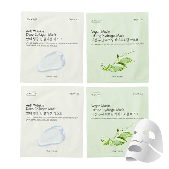 OHMYPURE Hydrogel Collagen Face Mask 2+2EA K-Beauty Luxury Bundle (AntiWrinkle 2ea, Vegan Mucin 2ea) (Sampler 4)