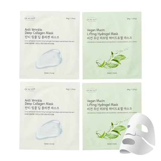 OHMYPURE Hydrogel Collagen Face Mask 2+2EA K-Beauty Luxury Bundle (AntiWrinkle 2ea, Vegan Mucin 2ea) (Sampler 4)
