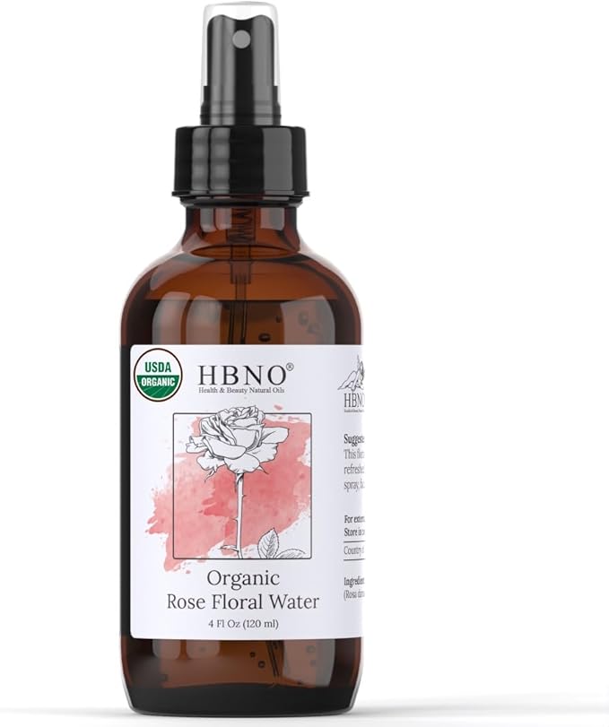HBNO California Bottled Organic Rose Water for Face 4 fl oz (120ml) - USDA Certified Organic Rose Water Spray for Face - Pure Rose Water for Hair - Rosewater Face Mist, Rose Water Spray for Cleansing