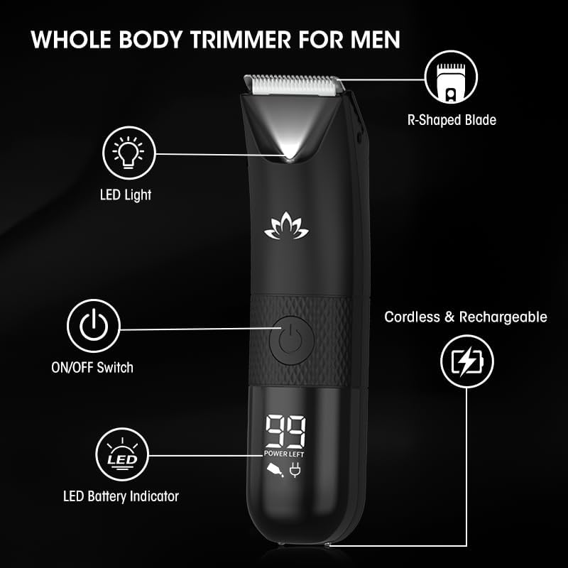 Manscape Trimmer for Men - Electric Body Hair Trimmer with Light, IPX7 Waterproof Electric Razor for Balls/Pubic/Groin/Legs/Chest Hair Removal, Lightweight with LED Display, Gifts for Him Dad