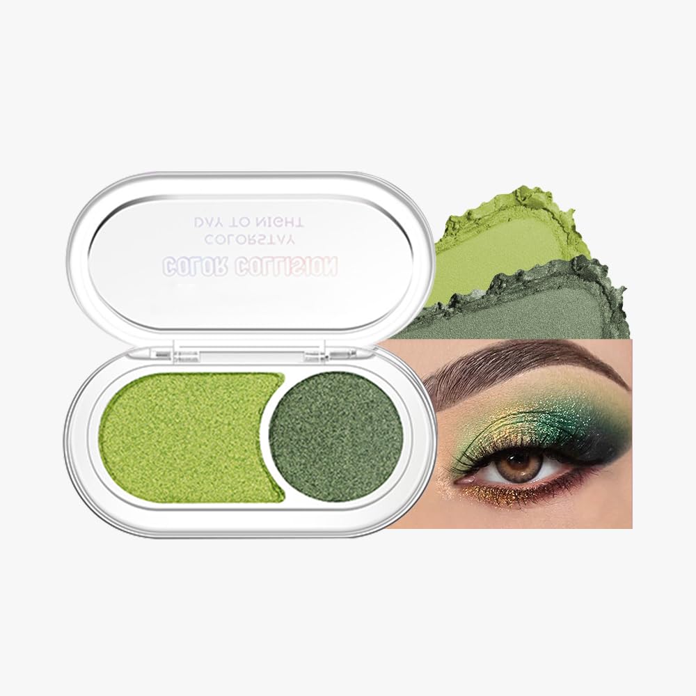 Dual-Color Pearl Eyeshadow Palette – High Pigment Shimmer Eyeshadow Duo, Grass Green & Green Shimmer Eye shadow , Silky Blendable Texture, Waterproof Long-Lasting Eye Makeup for Daily & Glam Looks 02#
