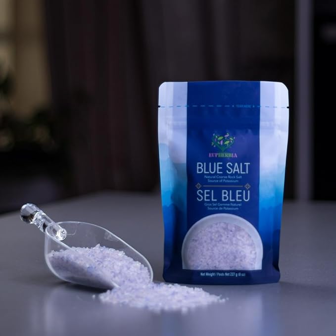 EUPHERBIA Blue Salt, Coarse, Rare Mineral Salt, High Potassium, Lower Sodium, Natural, Unprocessed, Hand Harvested, Kosher Certified, 227g (8 Oz)