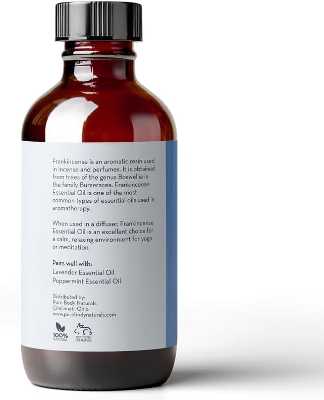 Pure Body Naturals Frankincense Essential Oil for Diffuser and Skin, Relaxation, Meditation and Yoga, 4 fl oz